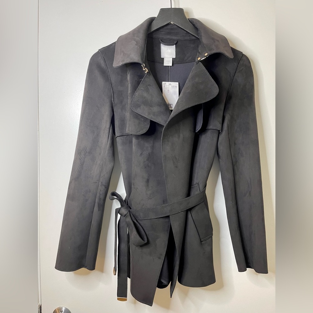NWT H&M belted black suede jacket size extra small